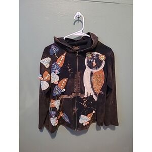 Rising International Hoodie Women Large Full Zip Owl Applique Boho Patchwork VTG